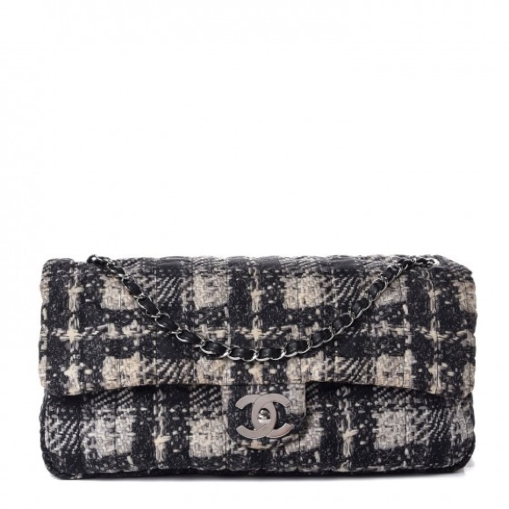 Chanel  Nylon Tweed Print Jumbo Flap Black